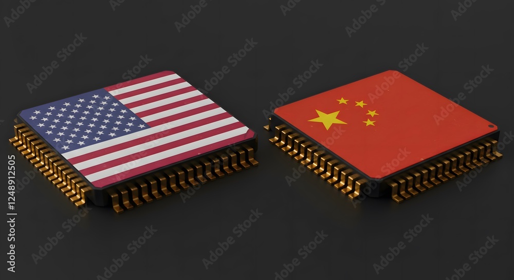 Fototapeta premium USA and China Microchips on Black Background Representing Semiconductor War