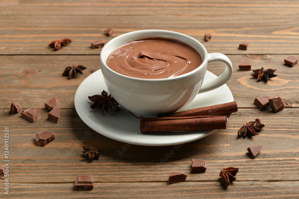 Cup of tasty melted chocolate with cinnamon sticks and star anise on wooden background Cup of tasty melted chocolate with cinnamon sticks and star anise on wooden background