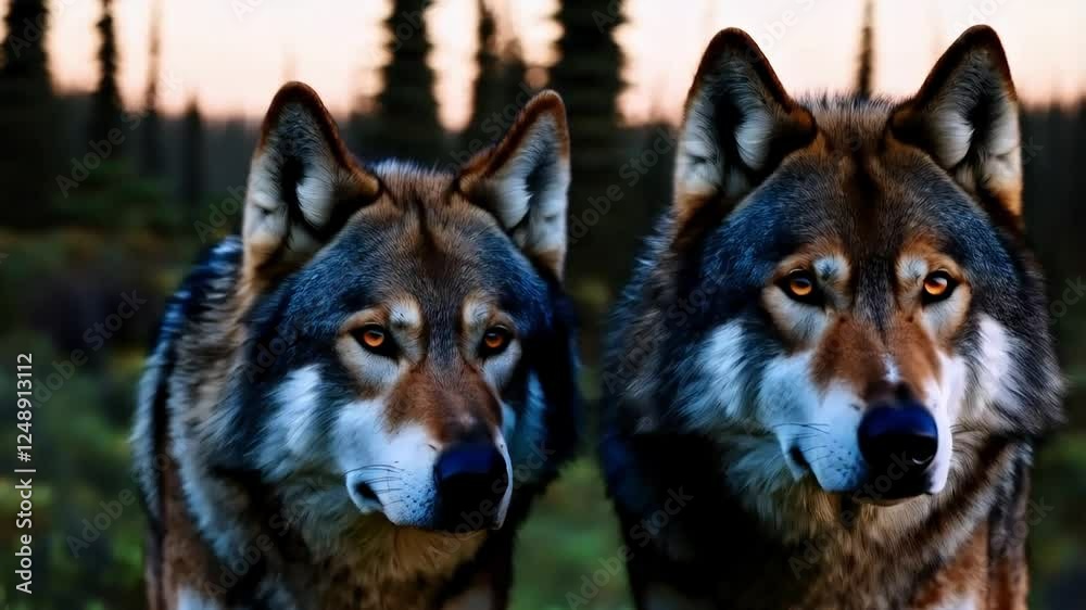 A pair of wolves standing at the edge of a forest at twilight, their sharp eyes glistening in the fading light.
A pair of wolves standing at the edge of a forest at twilight, their sharp eyes glistening in the fading light.