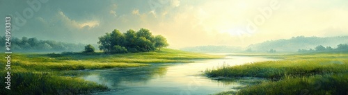 Lush Green Island Landscape in Impressionism Style with Golden Hour Light and Soft Brush Strokes