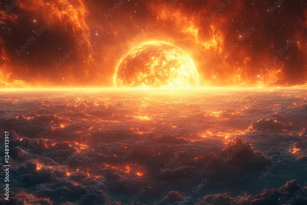 Obraz premium Vibrant Exoplanet in Distant Galaxy Surrounded by Bright Stars and Ethereal Light