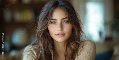 Wallpaper Mural Young woman with long glossy hair and serene expression in minimalist beauty portrait with soft lighting Torontodigital.ca