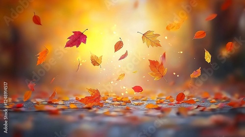 Autumn leaves fall, vibrant colors, golden light, background photo