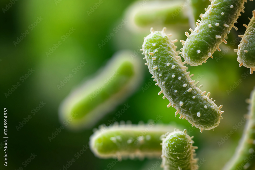 Fototapeta premium Generative AI illustration of microscopic bacterial forms showcasing vivid molecular structures and glowing effects
