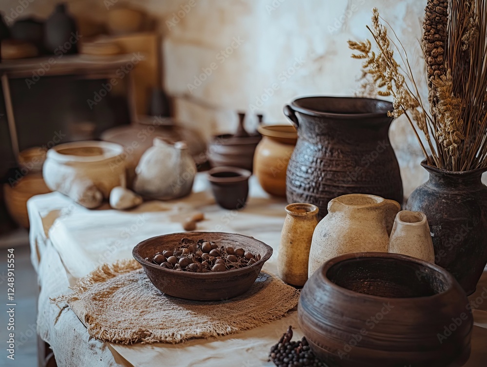 Rustic Pottery Display Featuring Handcrafted Clay Vessels and Dried Flora
