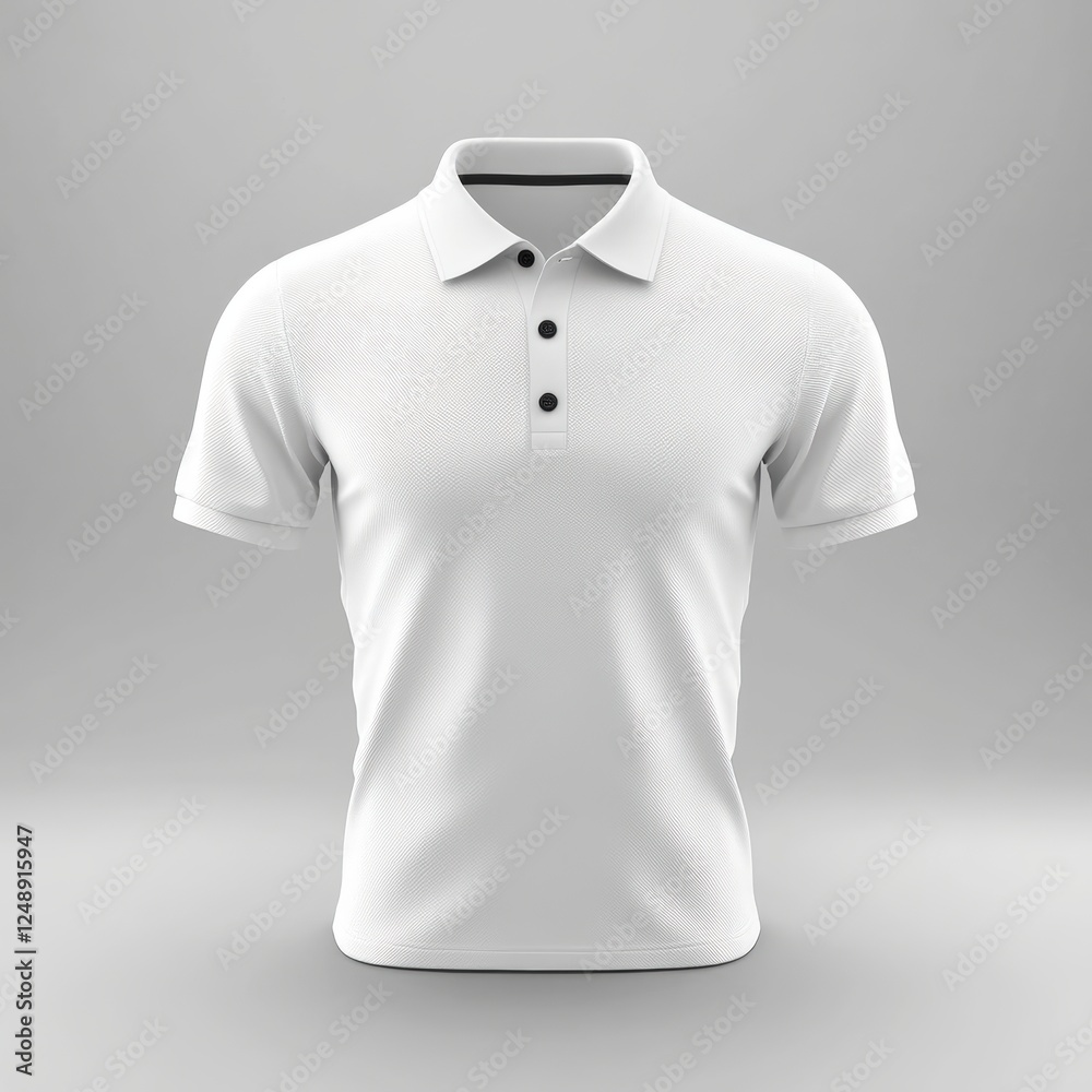 Realistic 3D Front View of a White Polo Shirt Template for Mockup and Design Purposes in a Minimalistic Studio Environment Realistic 3D Front View of a White Polo Shirt Template for Mockup and Design Purposes in a Minimalistic Studio Environment