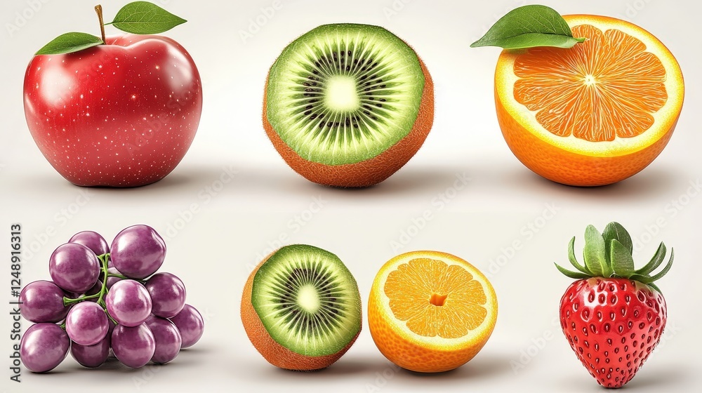 Vibrant Display of Red Apple Green Kiwi Orange Grapes and Strawberry Vibrant Display of Red Apple Green Kiwi Orange Grapes and Strawberry