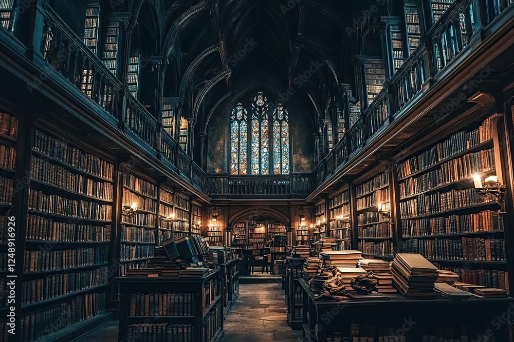 Fototapeta premium Exploring a Grand Gothic Library: Ancient Books & Stained Glass, Architectural Marvel of History