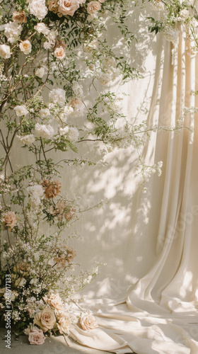 Elegant floral backdrop with soft drapes for dreamy wedding setting