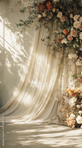 Elegant wedding backdrop with draped fabric and floral arrangement