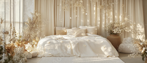 serene and cozy bedroom with neutral color palette, featuring large bed adorned with soft pillows and surrounded by dried