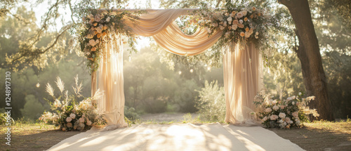 dreamy boho wedding scene with floral decorations and draped fabric