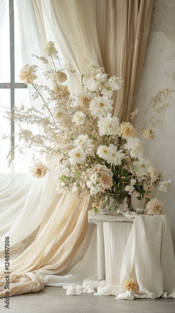 beautiful arrangement of white and beige flowers in serene setting, complemented by soft drapes beautiful arrangement of white and beige flowers in serene setting, complemented by soft drapes