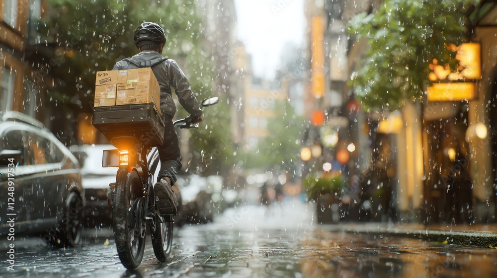 Obraz premium A cyclist rides through a rainy city street, delivering packages, showcasing urban life and the challenges of working in inclement weather.