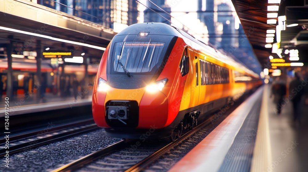 A modern train approaches the platform in an urban setting, showcasing sleek design and vibrant colors amidst a bustling station. A modern train approaches the platform in an urban setting, showcasing sleek design and vibrant colors amidst a bustling station.