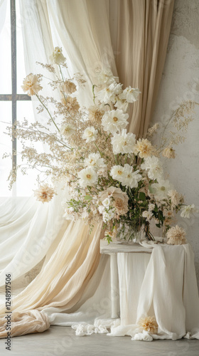 beautiful arrangement of white and beige flowers in serene setting, complemented by soft drapes