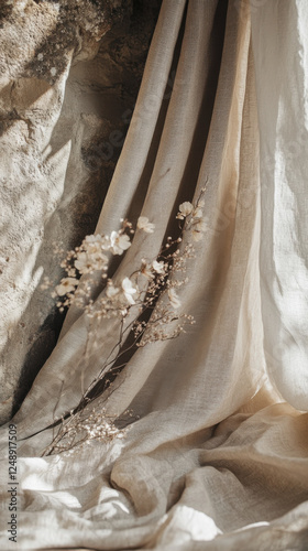 Soft linen drapes with delicate flowers create serene, boho atmosphere