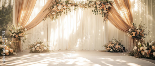 Enchanting boho wedding scene with floral decorations and drapes