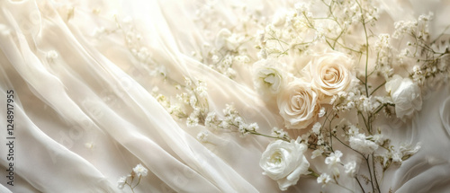 Delicate white roses and soft fabric create ethereal wedding backdrop