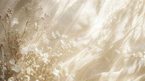 Ethereal floral arrangement on soft fabric background, creating serene atmosphere