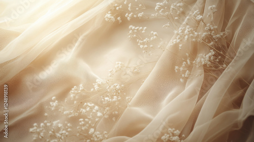 Soft beige fabric with delicate flowers, creating ethereal atmosphere