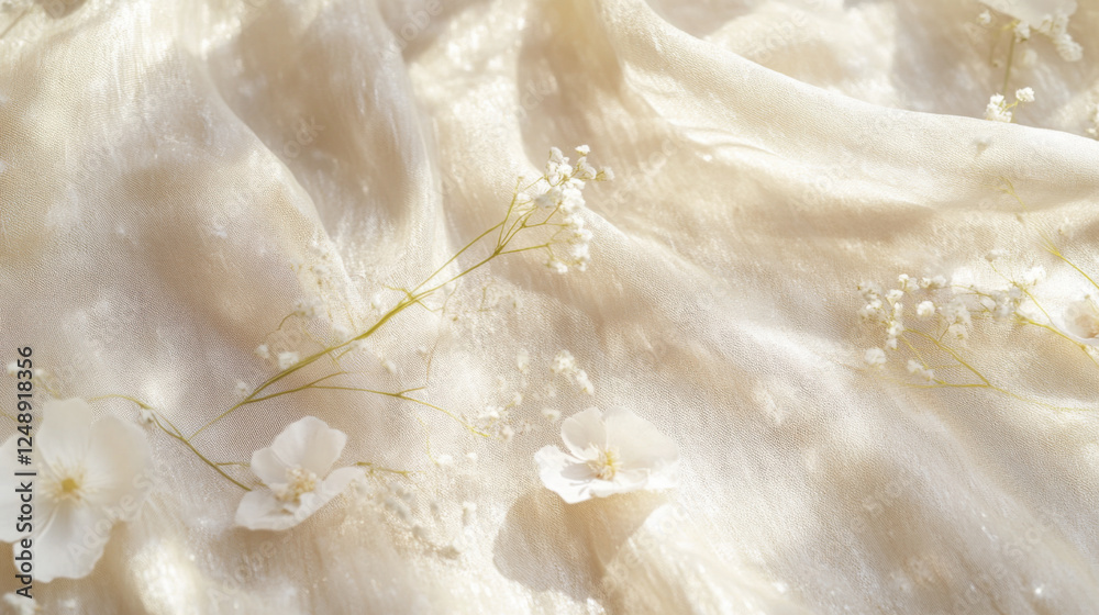 Delicate white flowers and soft fabric create serene, romantic atmosphere Delicate white flowers and soft fabric create serene, romantic atmosphere