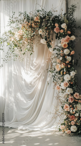 Whimsical boho wedding backdrop with floral arrangement and draped fabric
