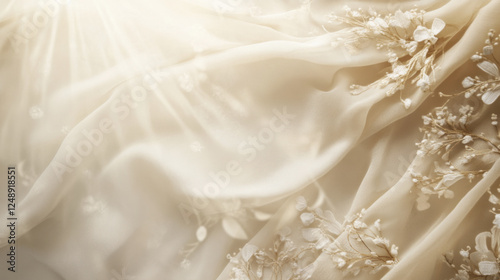 Soft beige fabric with floral embroidery and gentle light