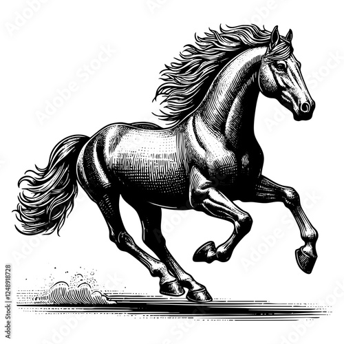 Horse running engraving black and white outline. Scratch board imitation.  illustrated in vintage line art style on a white background.