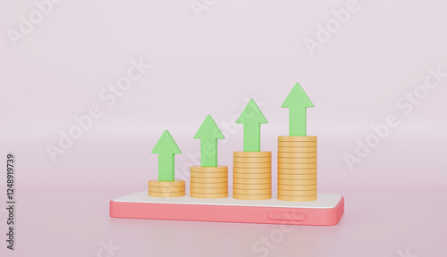 Coins and Arrow graph on a mobile phone financial management concept photo