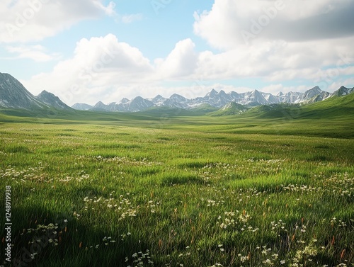 Scenic Mountain Meadow with White Flowers and Rolling Green Hills Under a Cloudy Sky