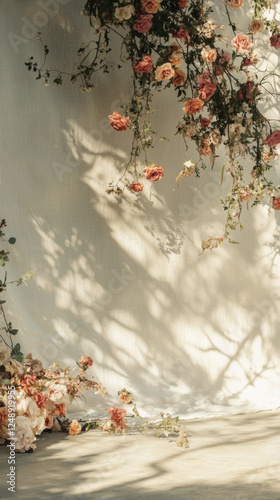 Whimsical floral backdrop with soft shadows and delicate roses