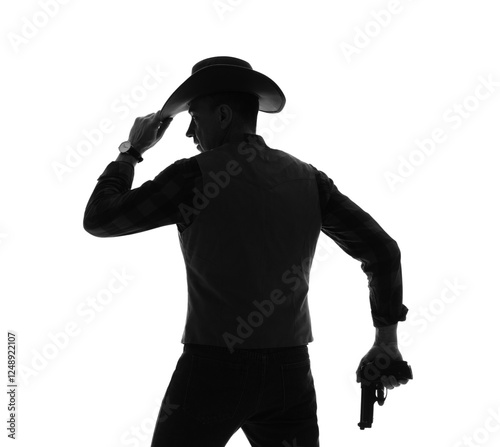 Silhouette of mature cowboy with gun on white background, back view