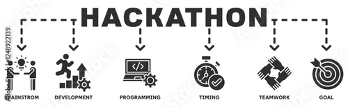 Hackathon banner web icon vector illustration concept for design sprint-like social coding event with icon of brainstorm, development, programming, timing, speed, teamwork, and goal