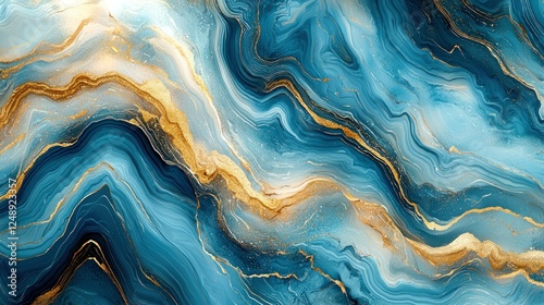 Abstract marbled design, flowing teal and gold veins,  background texture for luxury photo