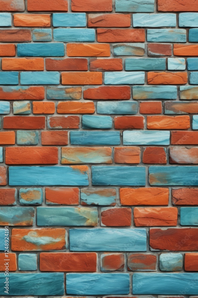 Obraz premium a close up of a brick wall with a blue and orange paint