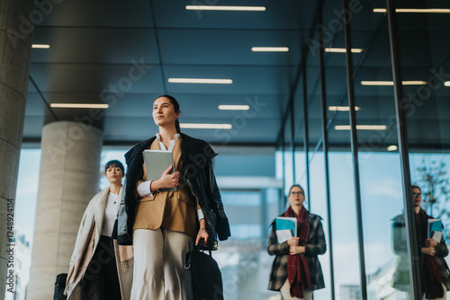 A group of professional women walking confidently through a modern urban area, holding documents and symbolizing collaboration, success, and professionalism in a business-oriented outdoor setting.