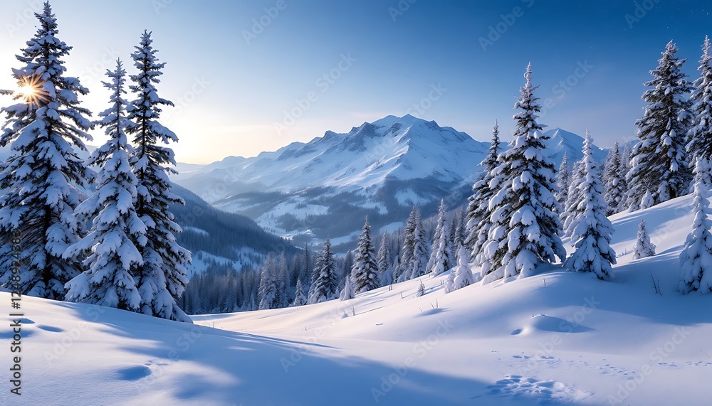 Snow-Covered Pines and Serene Mountain Vista: A Peaceful Winter Landscape Snow-Covered Pines and Serene Mountain Vista: A Peaceful Winter Landscape