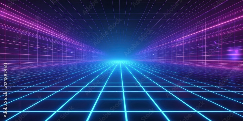 80s Inspired Retro Grid Background with Glowing Blue and Purple Lights in a Futuristic Digital Environment 80s Inspired Retro Grid Background with Glowing Blue and Purple Lights in a Futuristic Digital Environment
