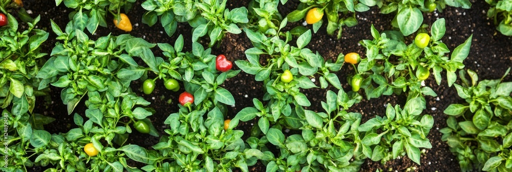 Aerial view of vibrant bell pepper plants growing in lush green garden Aerial view of vibrant bell pepper plants growing in lush green garden