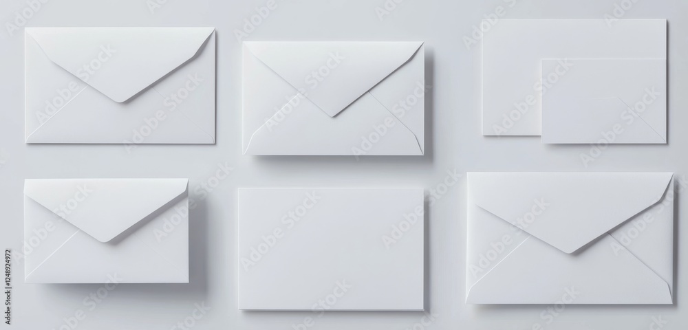White envelopes arranged on a table, blank space for message, mail background, mockup White envelopes arranged on a table, blank space for message, mail background, mockup