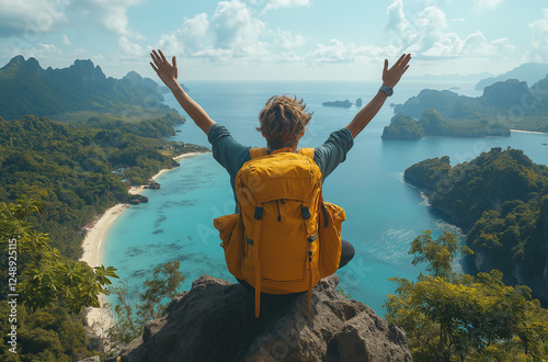 A traveler with a yellow backpack sits atop a mountain, arms raised in joy, overlooking a breathtaking tropical island with white sandy beaches and turquoise waters. The scenic view captures adventure photo