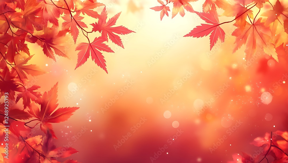 Red Maple Leaves on Branch Warm Light Bokeh Background Autumn or Spring Image Nature Seasonal Design Beautiful Serene Tranquil Dreamy