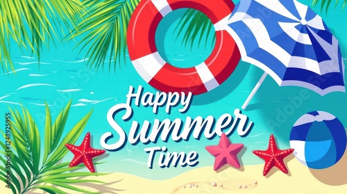 Happy Summer Time Beach Scene With Tropical Elements