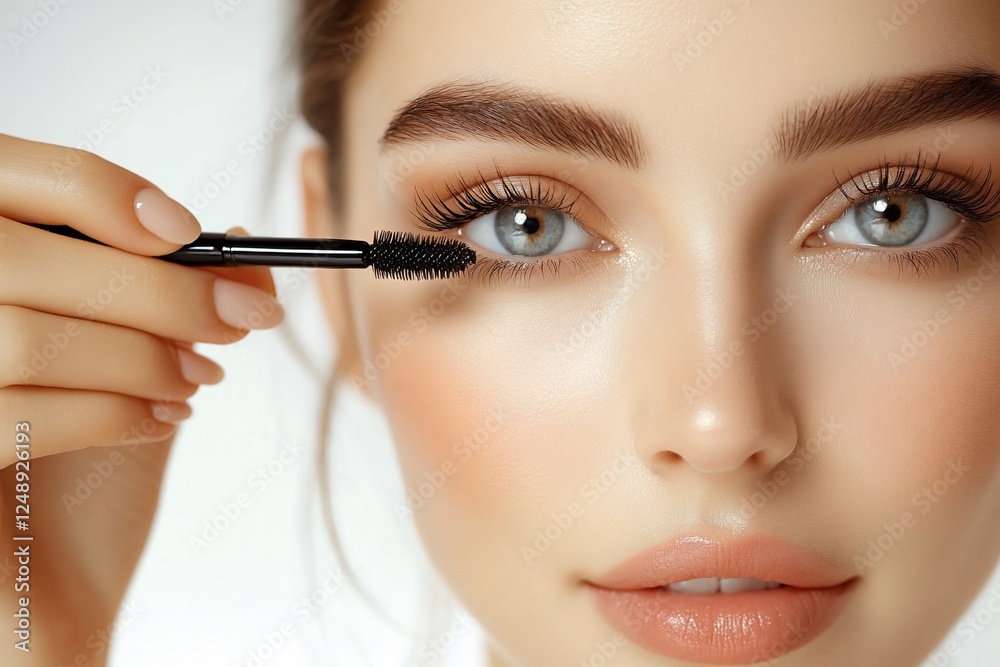 Close Up Of Young Woman Applying Mascara Makeup Soft Light Beauty Portrait Close Up Of Young Woman Applying Mascara Makeup Soft Light Beauty Portrait