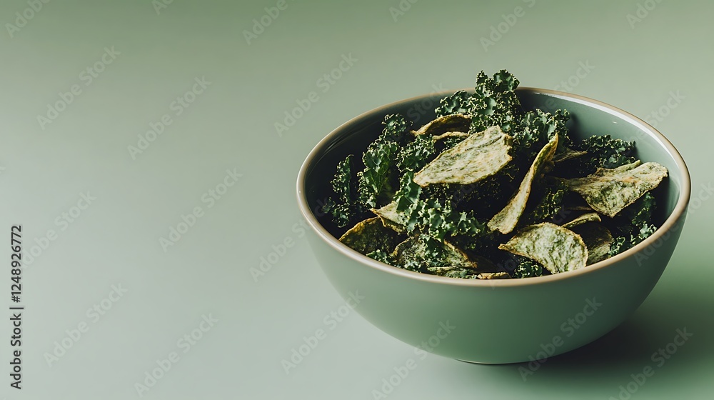 A bowl of fresh, crispy kale chips, placed on a solid green background,