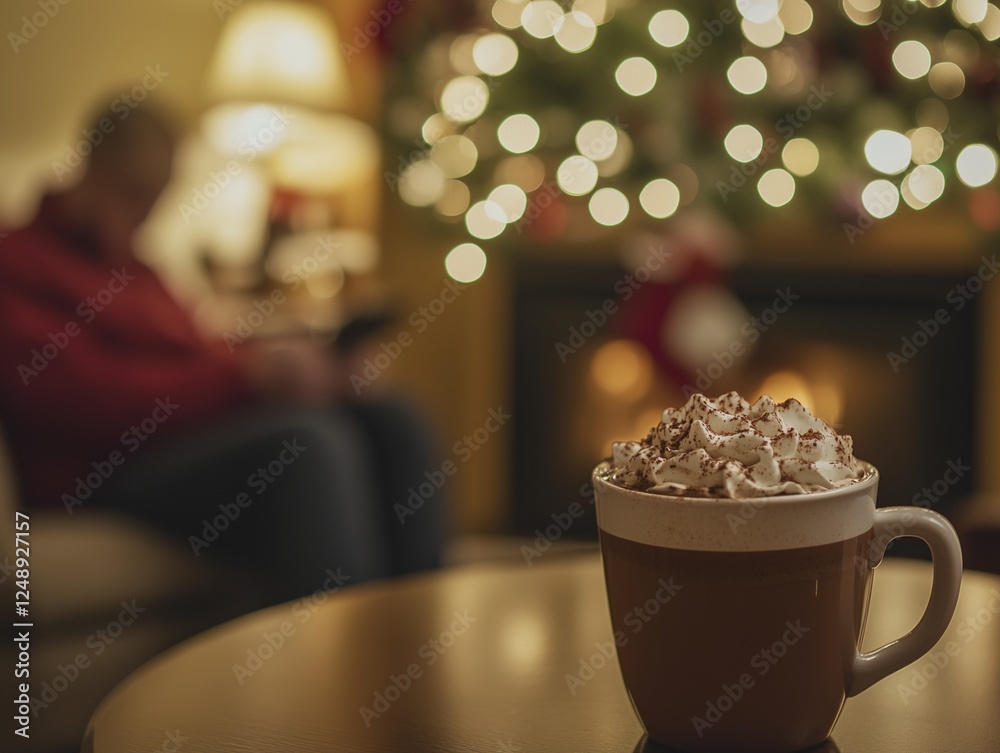 A warm cup of hot chocolate with marshmallows sits on a table, creating a cozy atmosphere filled with Christmas lights and a blurred fireplace in the background. A warm cup of hot chocolate with marshmallows sits on a table, creating a cozy atmosphere filled with Christmas lights and a blurred fireplace in the background.