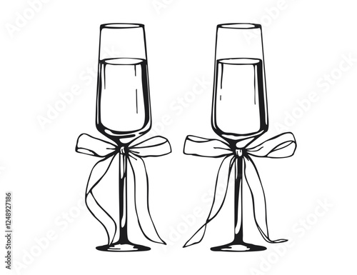 Classy Champagne Flutes Glasses with decorative Bows. Black and white hand-drawn illustration on a white background. Wedding and Celebration concept for design and print.