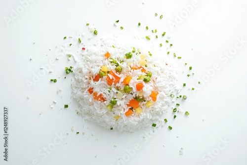 Rice with chopped vegetables like carrots, onions, and peas, garnished with herbs. photo