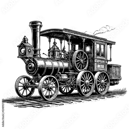 train on railroad with mountain landscape sketch engraving black and white outline. Scratch board imitation.  illustrated in vintage line art style on a white background.

